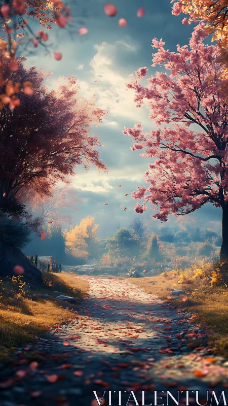 Sunlit forest path framed by pink blossom trees in fall.