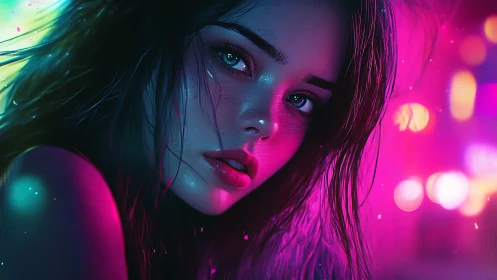 Digital portrait shows close-up female face in neon lighting