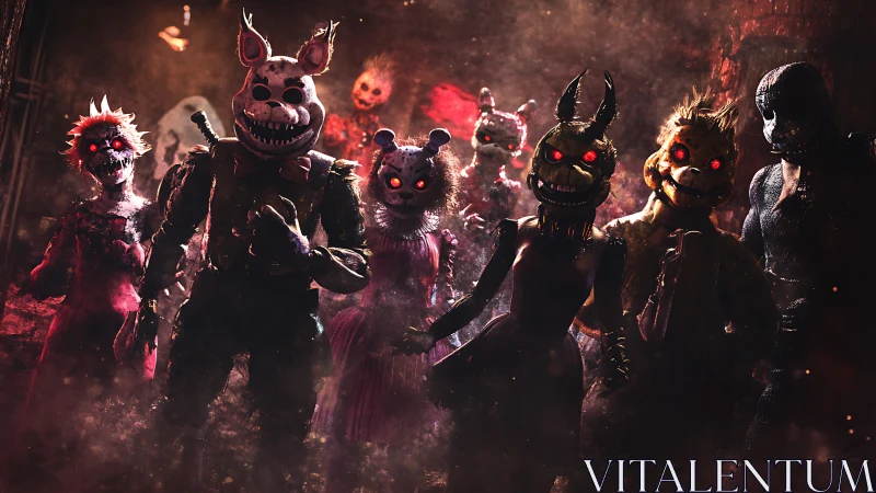 Cinematic lineup of demonic animatronic figures in smoky alley