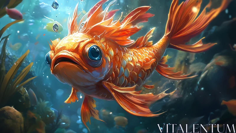 Glowing orange goldfish with large eyes in blue water.