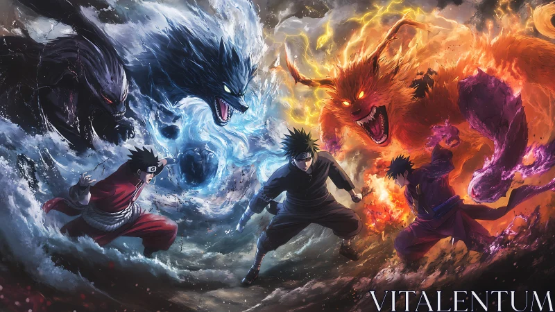 Elemental confrontation with tailed beasts and ninja figures.