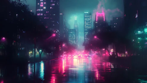 Neon soaked skyline reflects across rain drenched cyber avenue