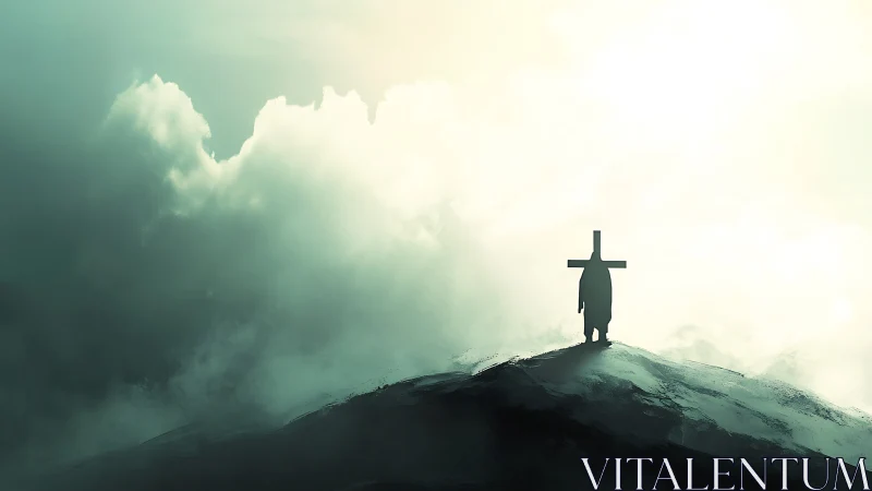 Backlit cloaked figure with cross silhouette on misty ridge