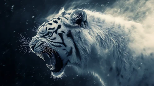 Snow-lit white tiger roars through swirling winter storm.