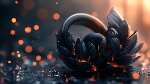 3D black lotus ring sculpture with ember glow detailing.