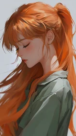 Side-profile portrait with flowing copper hair, soft light.