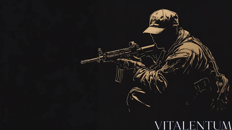 Silhouetted armed figure kneels with rifle against dark field