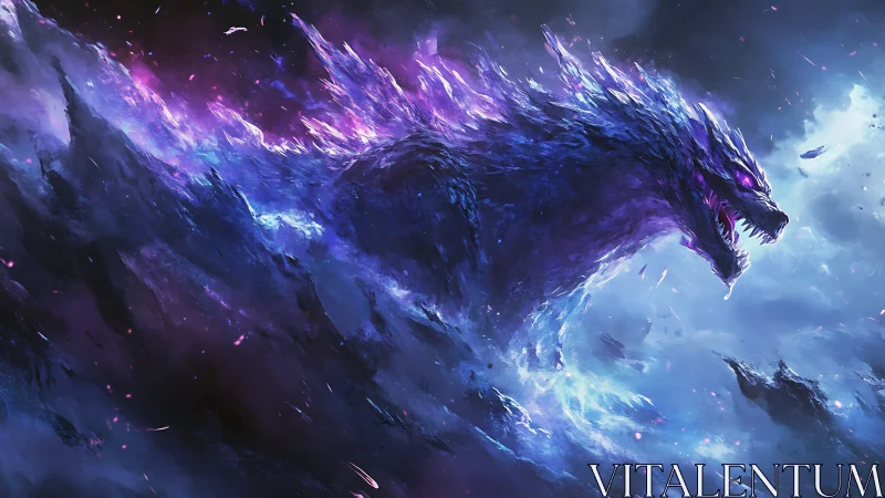 Cosmic kaiju erupts from stormy void with violet plasma light