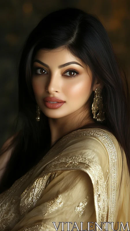 Portrait of woman in embroidered gold saree, side gaze.