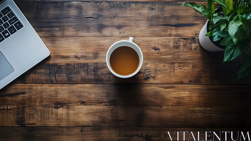 Overhead workstation topology with coffee and foliage alignment.