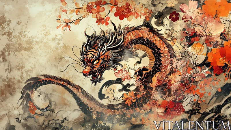 Fiery oriental dragon coils through crimson blossom storm.