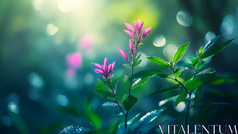 Pink Flowers with Dewdrops in Blurred Green Garden