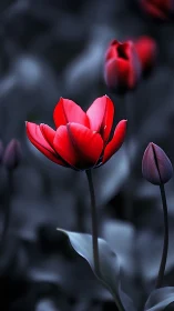 Vibrant Red Tulips Bloom Against Moody Dark Background