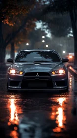 Rainlit street cruiser waiting in a glowing city hush.