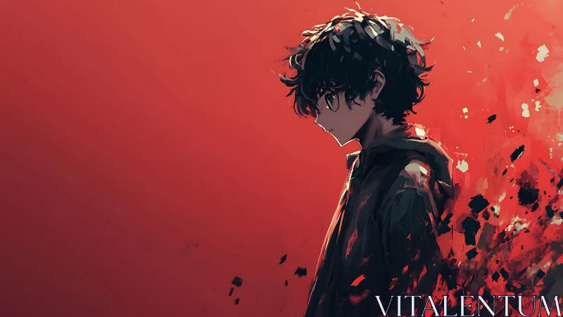 Side profile of dark-haired figure on red abstract field.