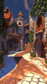 Medieval Castle Courtyard with Conical Tower: Digitally Rendered Fantasy Architecture