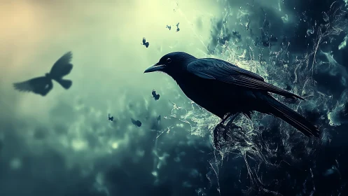 Midnight raven carves echoes through liquid twilight air