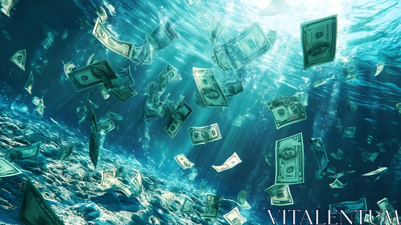 Sunken dollar dreams drifting through shimmering blue depths.