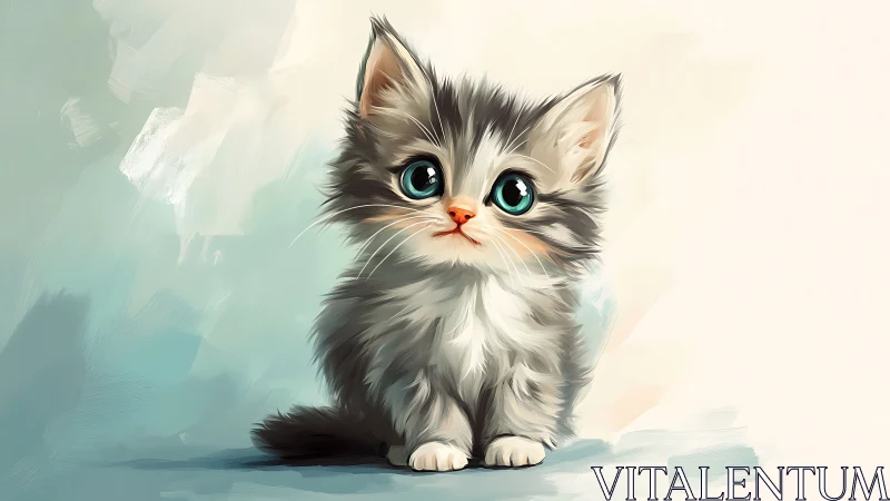 Soft Kitten Portrait with Luminous Teal Eyes and Feathered Strokes