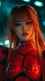 Cybernetic pilot portrait in red gloss exosuit, teal bokeh