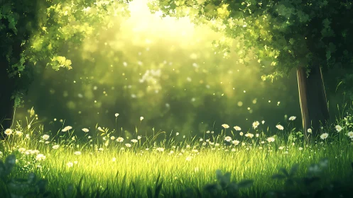 Sunlit forest edge with grass and white wildflowers field.