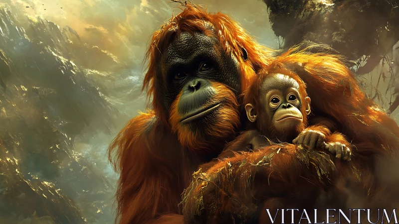 Mother orangutan holding baby in dense forest light.