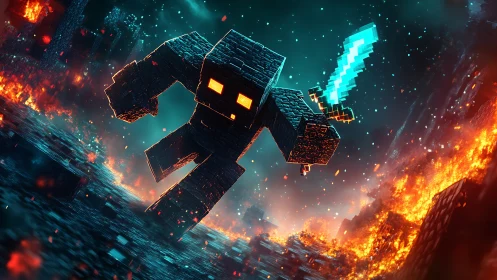 Pixel golem warrior charging through flaming voxel ruins.