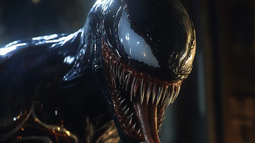 Midnight symbiote grins wide, polishing every sharpened tooth