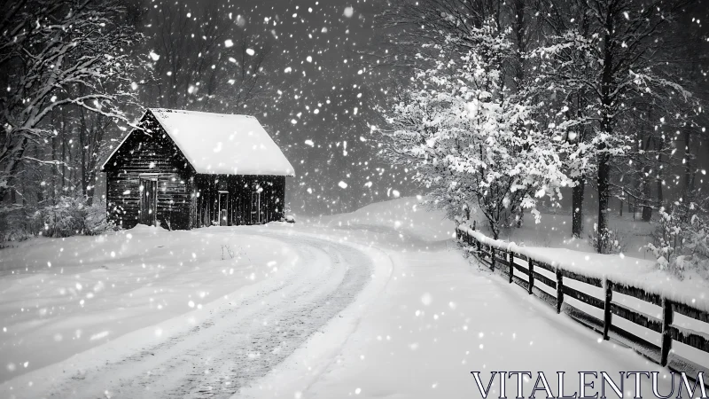 Snow-covered cabin stands beside winding rural winter road