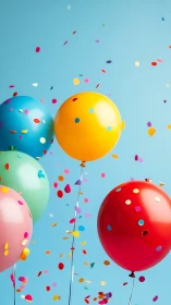 Multicolored Helium Balloons Ascending Against Cerulean Sky with Confetti Dispersion