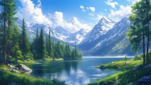 Mountain lake with pine forest and distant snowy peaks.