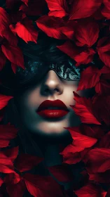 Cyber-noir portrait contrasts crimson foliage with glass visor