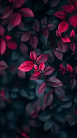 Moody crimson leaves glow gently against deep forest shadows
