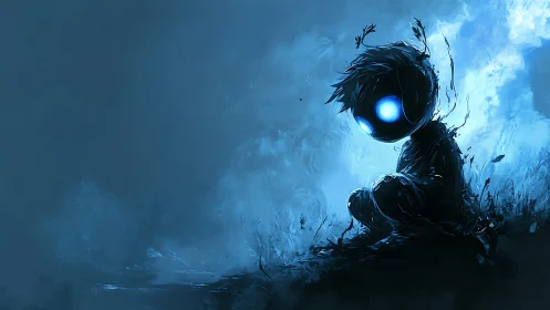 Lonely glowing-eyed figure in dark blue misty landscape.