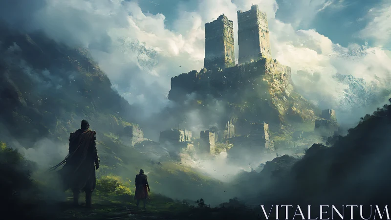 Misty mountain stronghold watched by wandering travelers.