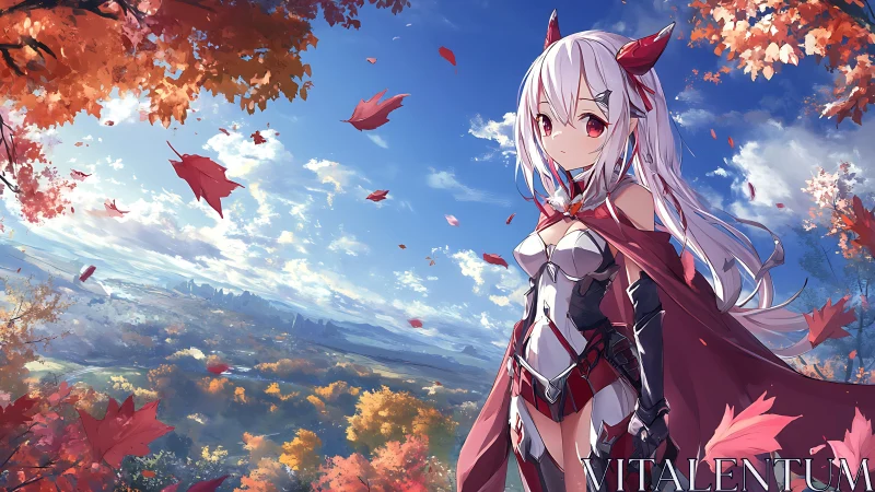 Horned anime warrior in autumn landscape under blue sky.