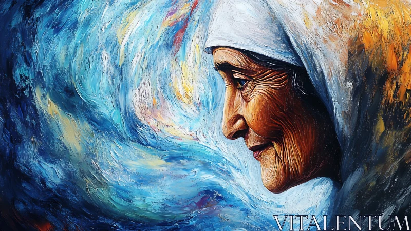 Side profile of elderly woman integrated with swirling strokes