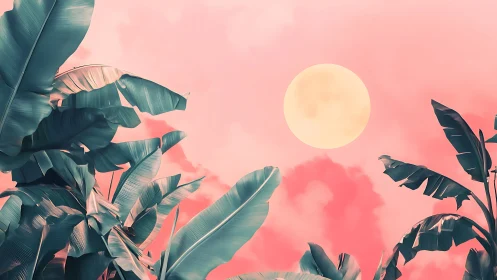 Tropical banana leaves under pastel sunlit coral sky.