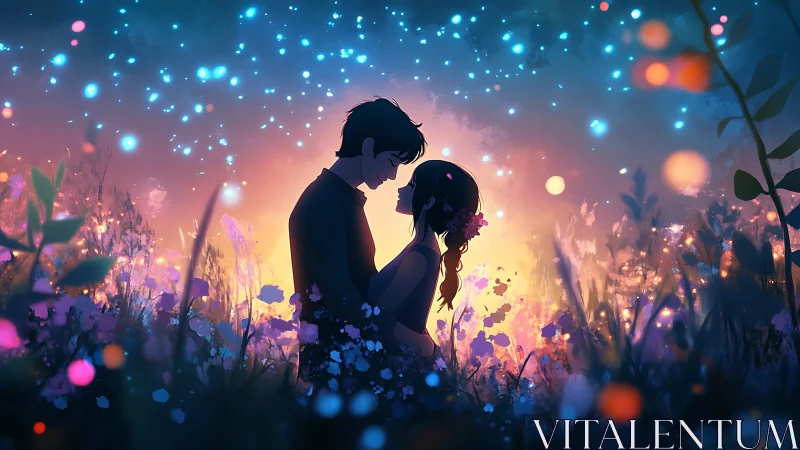 Silhouetted couple stands in illuminated meadow at twilight