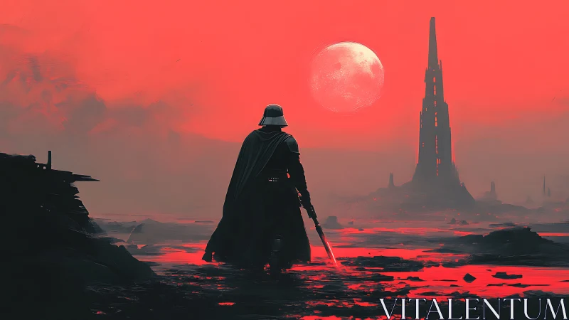 Lone armored wanderer walks toward a crimson moonlit tower