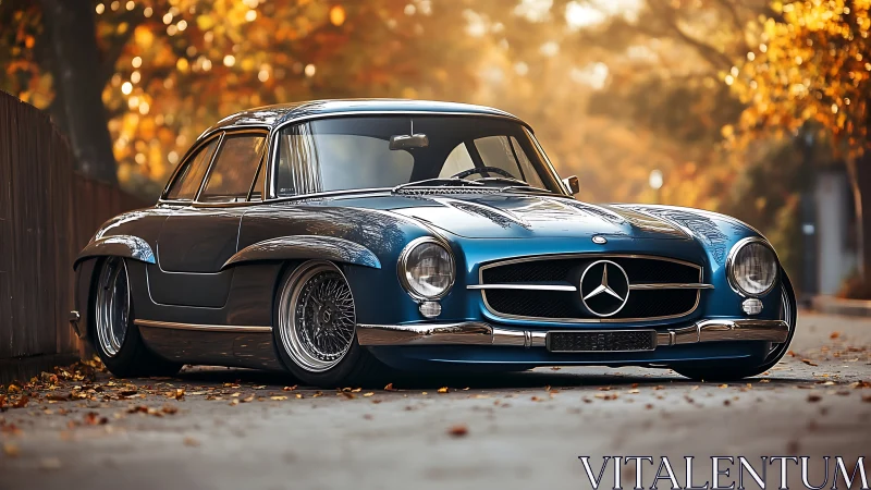 Classic blue Mercedes coupe gleams under soft autumn light.