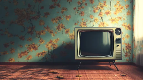 Vintage television in warm room with floral wallpaper.