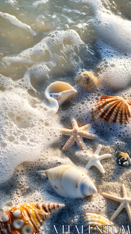 Foam-draped littoral shells in shallow sunlit surf zone.
