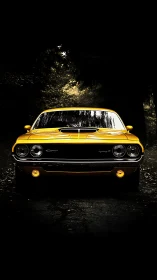 Golden classic muscle car glowing in a moody forest road.