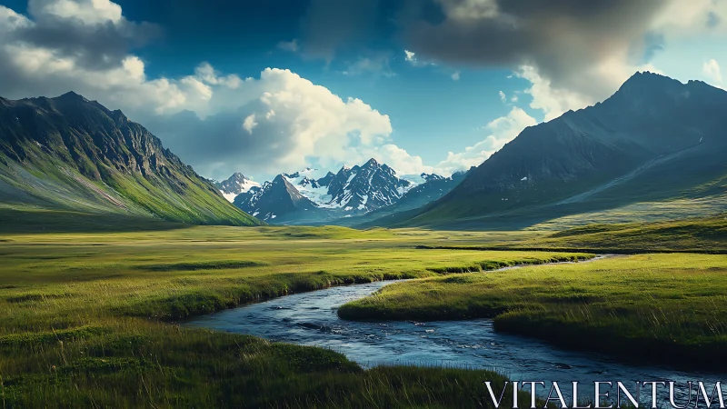 Glacial valley river under cumulus sky and alpine mountain range