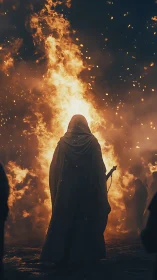 Cloaked pyromancer before vertical inferno plume at night.