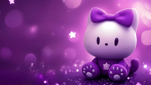 Purple cartoon cat figurine on blurred bokeh background.