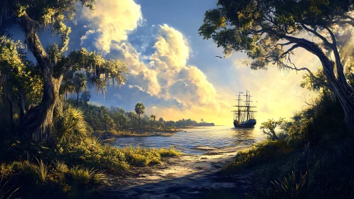 Colonial Era Ship Framed by Ancient Trees Along Tropical Waterway.