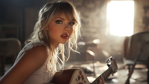 Backlit musician in dusty loft with acoustic guitar focus.