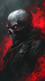Metal skull warrior with red eyes in fiery red smoke.